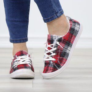 Red Plaid Lace Up Round Toe Flat Sneakers Warm Knit Lining